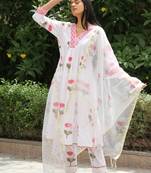 White red hand block printed cotton dobby suit- set of 3