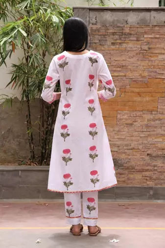 White red hand block printed cotton dobby suit- set of 3