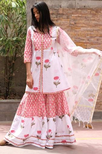 White hand block printed cotton dobby gharara suit- set of 3
