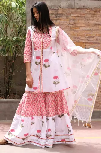 White hand block printed cotton dobby gharara suit- set of 3