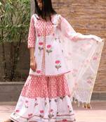 White hand block printed cotton dobby gharara suit- set of 3