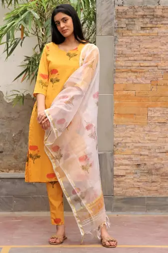 Mustard yellow hand block printed cotton dobby suit- set of 3