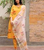 Mustard yellow hand block printed cotton dobby suit- set of 3