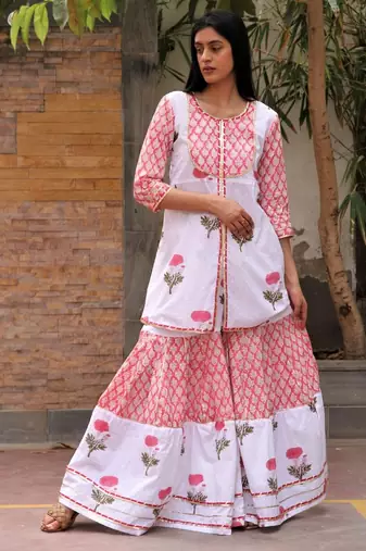 White hand block printed cotton dobby gharara suit- set of 3