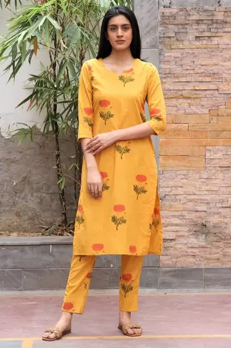 Mustard yellow hand block printed cotton dobby suit- set of 3