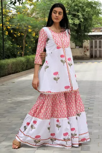 White hand block printed cotton dobby gharara suit- set of 3