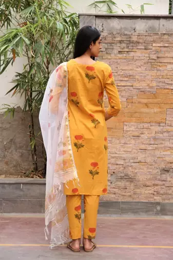 Mustard yellow hand block printed cotton dobby suit- set of 3