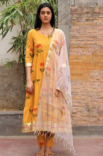 Mustard yellow hand block printed cotton dobby suit- set of 3