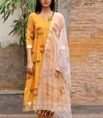 Mustard yellow hand block printed cotton dobby suit- set of 3