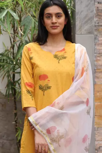 Mustard yellow hand block printed cotton dobby suit- set of 3