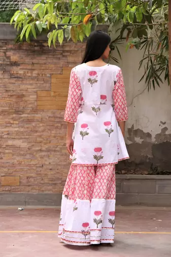 White hand block printed cotton dobby gharara suit- set of 3