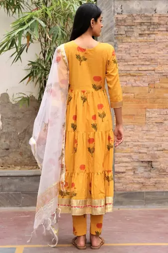 Mustard yellow hand block printed cotton dobby suit- set of 3