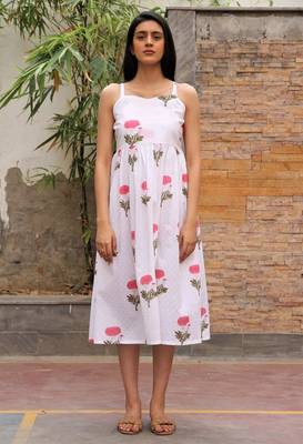 Red white hand block printed cotton dobby dress 1