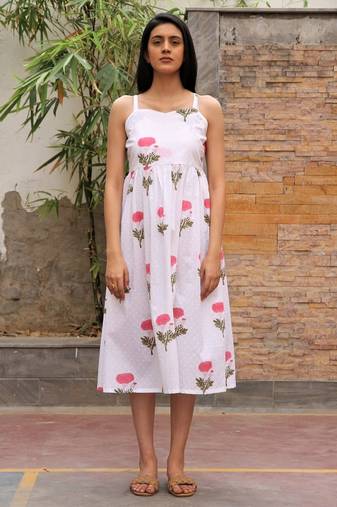 Red white hand block printed cotton dobby dress