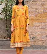 Mustard yellow hand block printed cotton dobby angrakha suit - set of 3