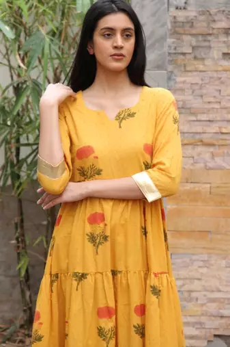 Mustard yellow hand block printed cotton dobby suit- set of 3