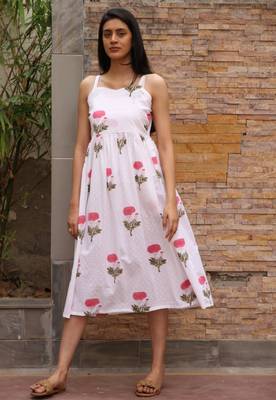 Red white hand block printed cotton dobby dress 2