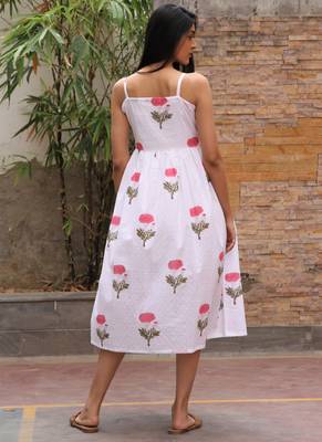Red white hand block printed cotton dobby dress 3