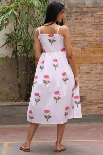 Red white hand block printed cotton dobby dress
