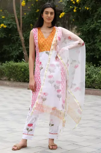 Pink  orange hand block printed cotton dobby suit-set of 3