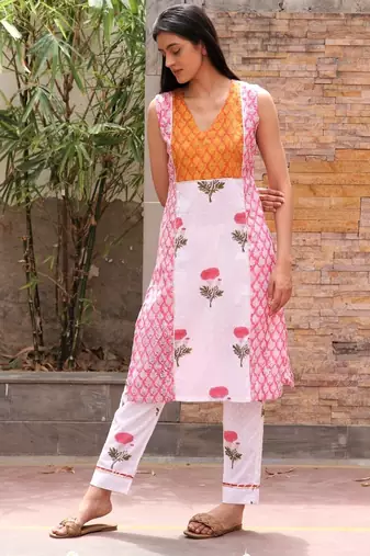 Pink  orange hand block printed cotton dobby suit-set of 3