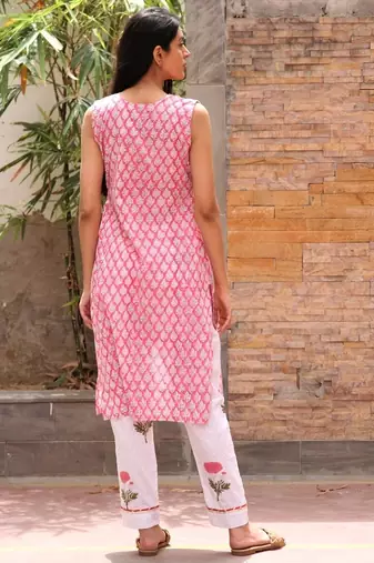 Pink  orange hand block printed cotton dobby suit-set of 3