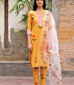 Mustard yellow hand block printed cotton dobby suit- set of 3