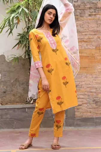 Mustard yellow hand block printed cotton dobby suit- set of 3