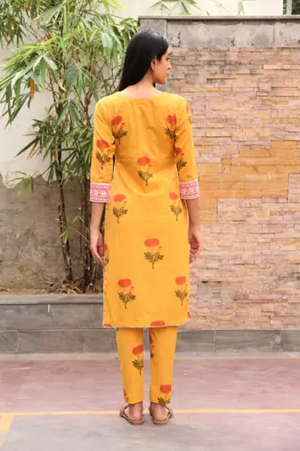 Mustard yellow hand block printed cotton dobby suit- set of 3