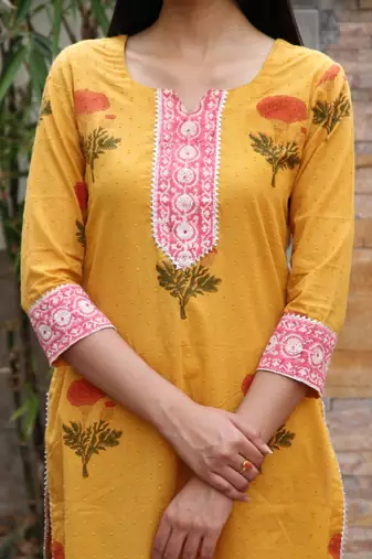 Mustard yellow hand block printed cotton dobby suit- set of 3
