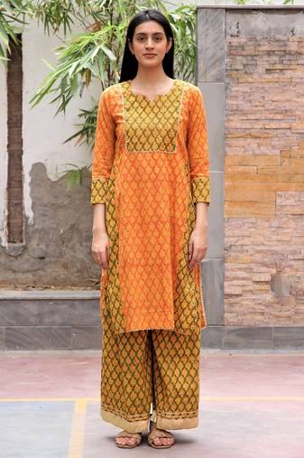 Orange hand block printed cotton dobby gharara suit- set of 3
