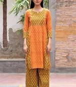 Orange hand block printed cotton dobby gharara suit- set of 3