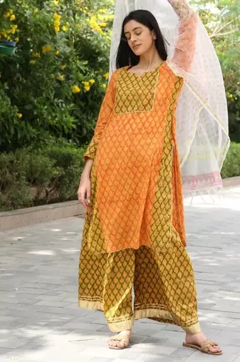 Orange hand block printed cotton dobby gharara suit- set of 3
