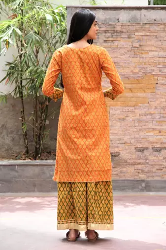 Orange hand block printed cotton dobby gharara suit- set of 3