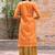 Orange hand block printed cotton dobby gharara suit- set of 3