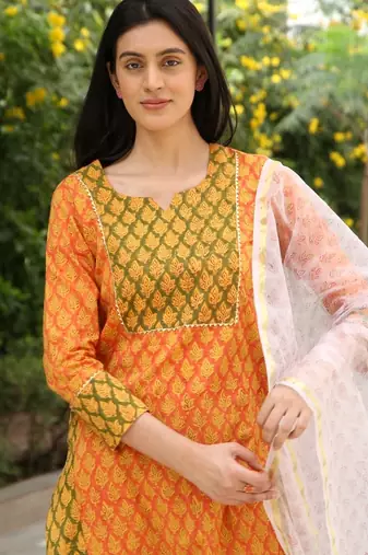 Orange hand block printed cotton dobby gharara suit- set of 3