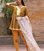 Green hand block printed cotton dobby suit- set of 3