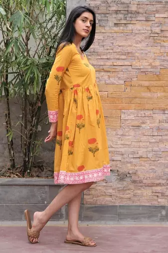 Mustard yellow hand block printed cotton dobby dress