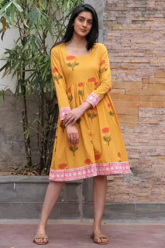 Mustard yellow hand block printed cotton dobby dress