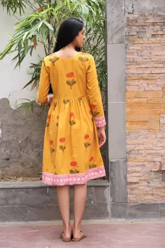 Mustard yellow hand block printed cotton dobby dress