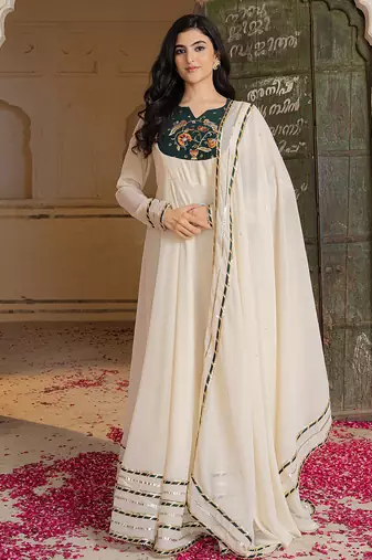 Elegant off white anarkali suit with matching embroidered dupatta detailing