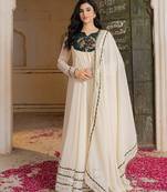 Elegant off white anarkali suit with matching embroidered dupatta detailing