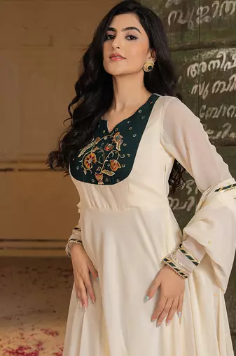 off white embroidered anarkali with dupatta