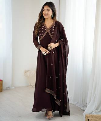 brown georgette embroidered gown with dupatta 1