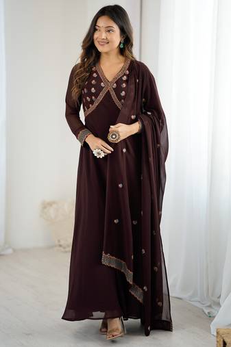 Elegant brown georgette embroidered gown with dupatta for festive and party wear
