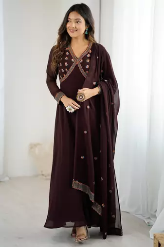Elegant brown georgette embroidered gown with dupatta for festive and party wear