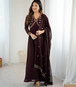 Elegant brown georgette embroidered gown with dupatta for festive and party wear