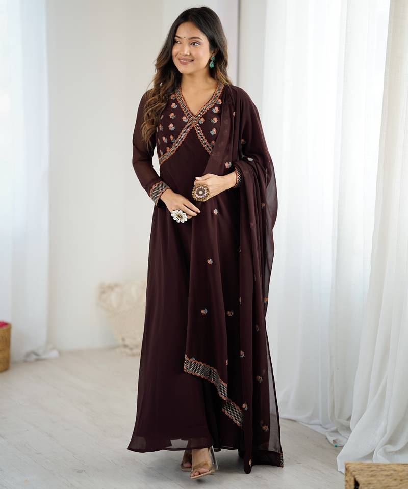 Elegant brown georgette embroidered gown with dupatta for festive and party wear