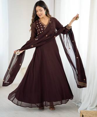 brown georgette embroidered gown with dupatta 2