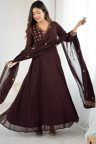 brown georgette embroidered gown with dupatta